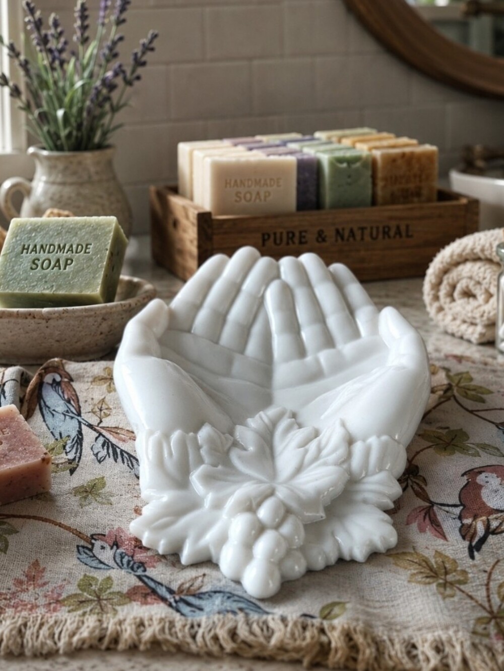 Westmoreland White Milk Glass Open Double Hands Trinket Soap Dish Floral Leaves